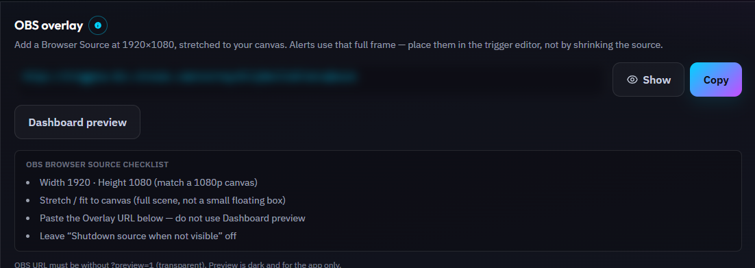 OBS overlay panel with the Copy URL button and the OBS Browser Source checklist: 1920x1080, stretch to canvas, paste the overlay URL, leave shutdown source off